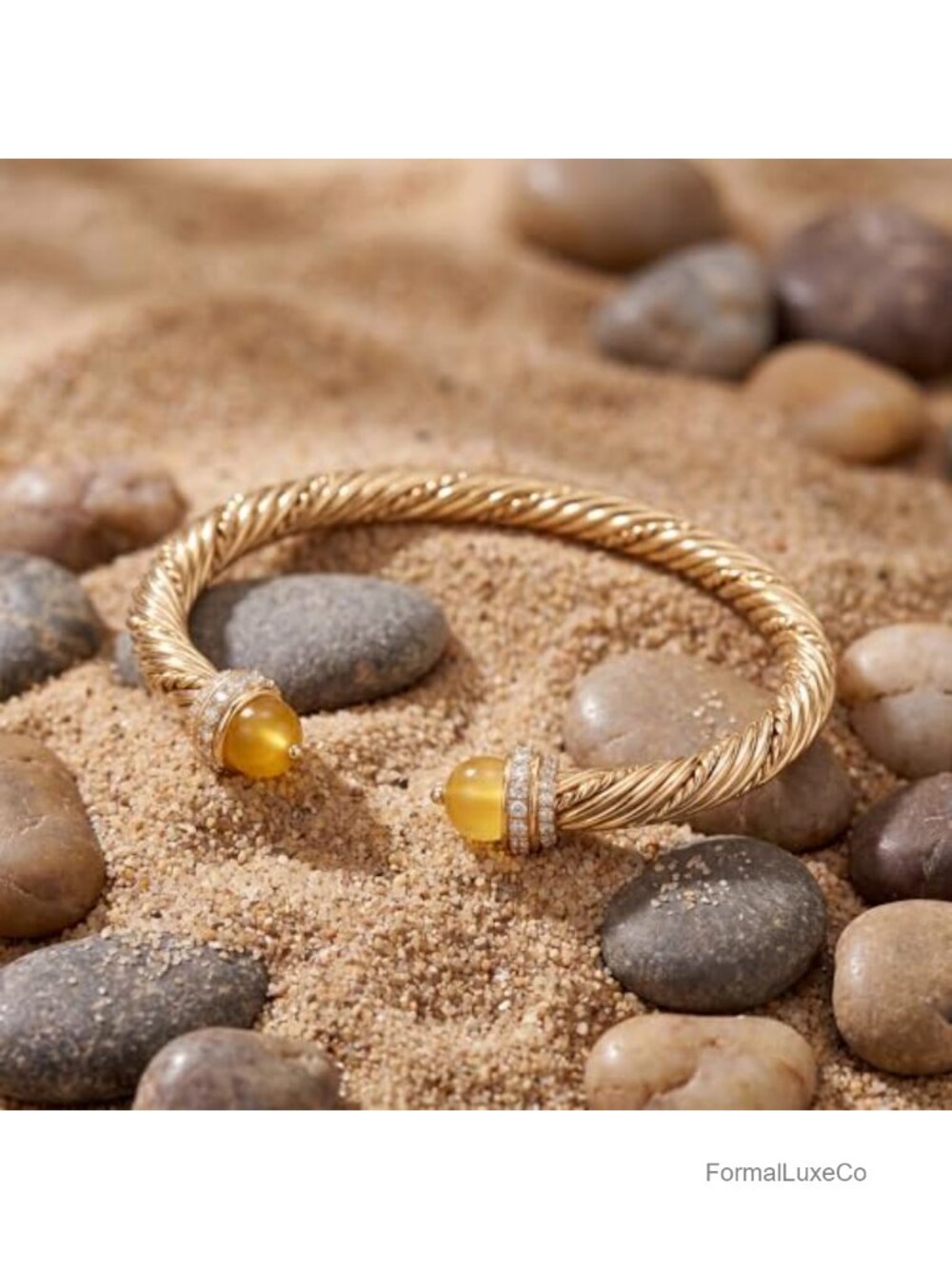 14K Gold Plated Cuff Bangle Bracelet - Adjustable Open Twisted Cable Charm - Picture 2 of 5